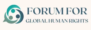 Forum for Global Human Rights logo with overhead view of 3 abstract people embracing each other to form a circle to the left of the organization's name in an all caps serif font